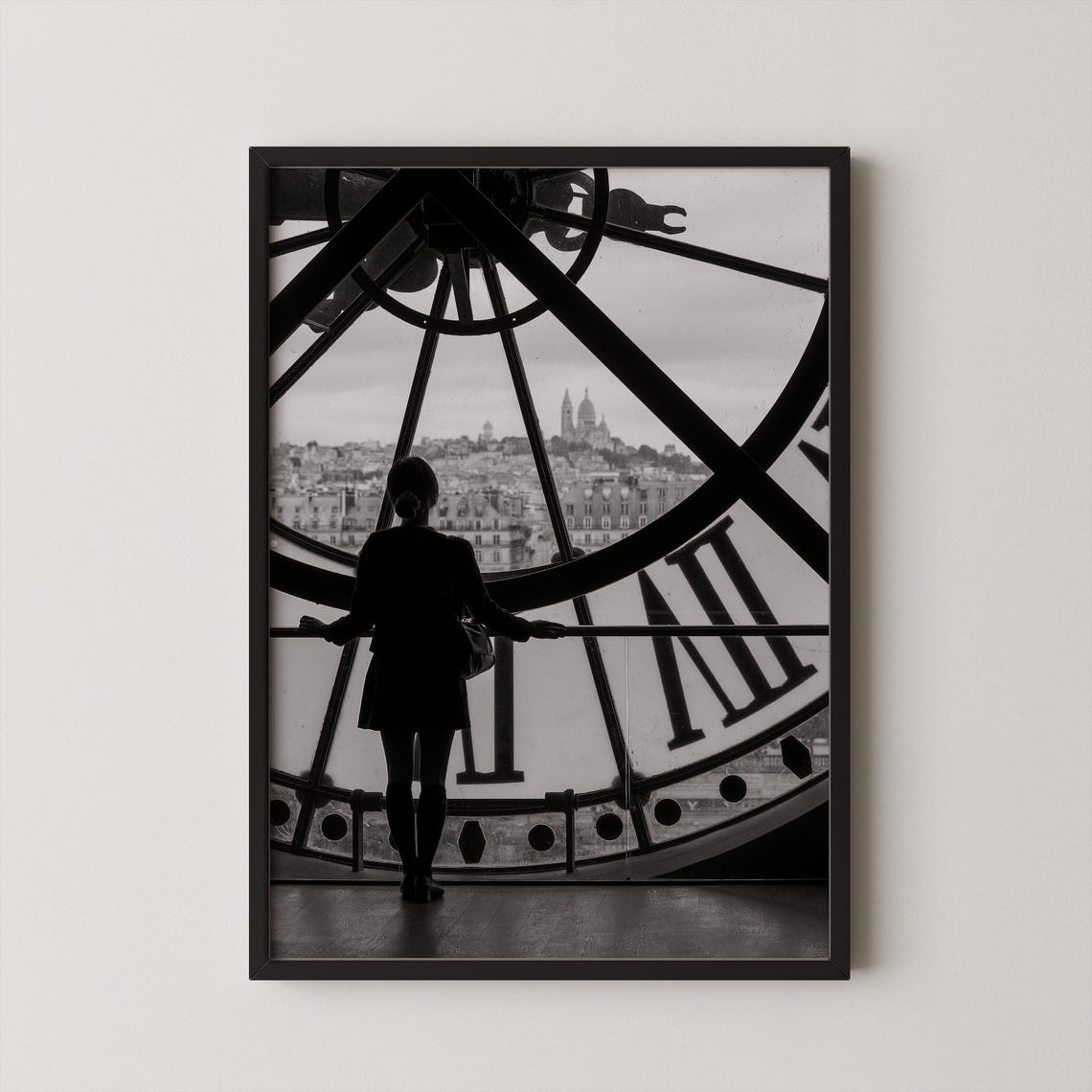 Musee dOrsay Clock Woman Silhouette Paris Black and White Photo Poster