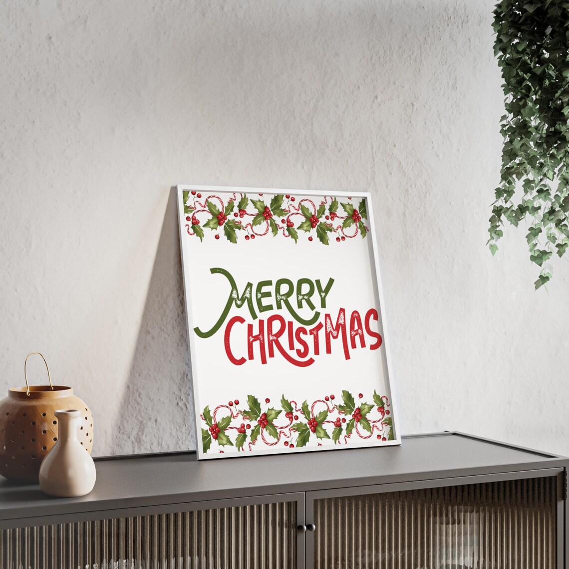 Merry Christmas Holly Berry Garland Red Green Lettering Poster