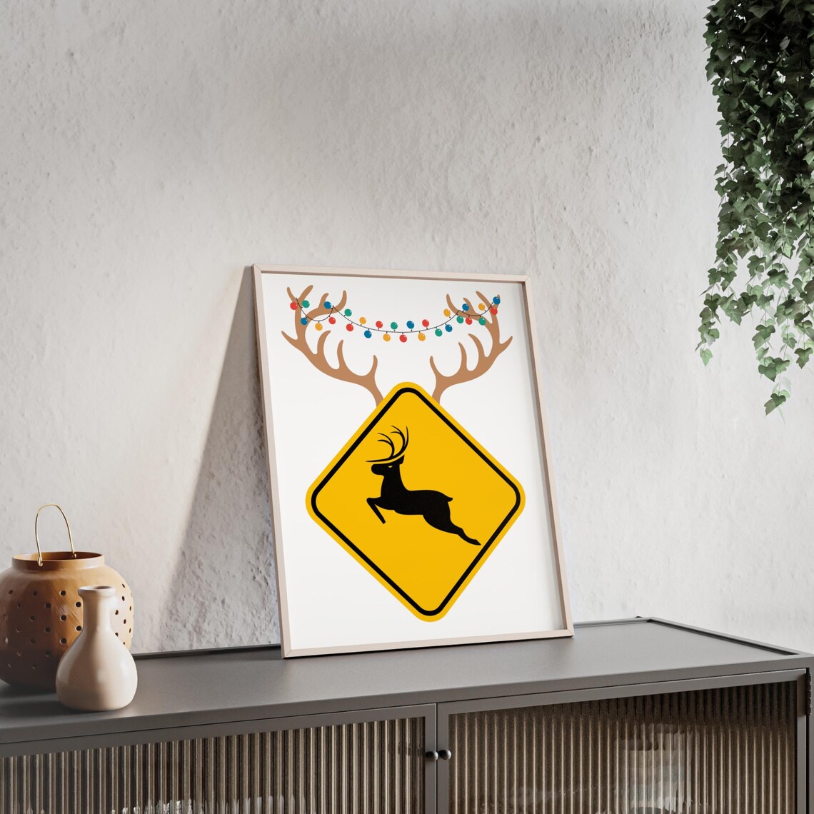 Funny Reindeer Crossing Road Sign Style Christmas Holiday Poster - Image 2