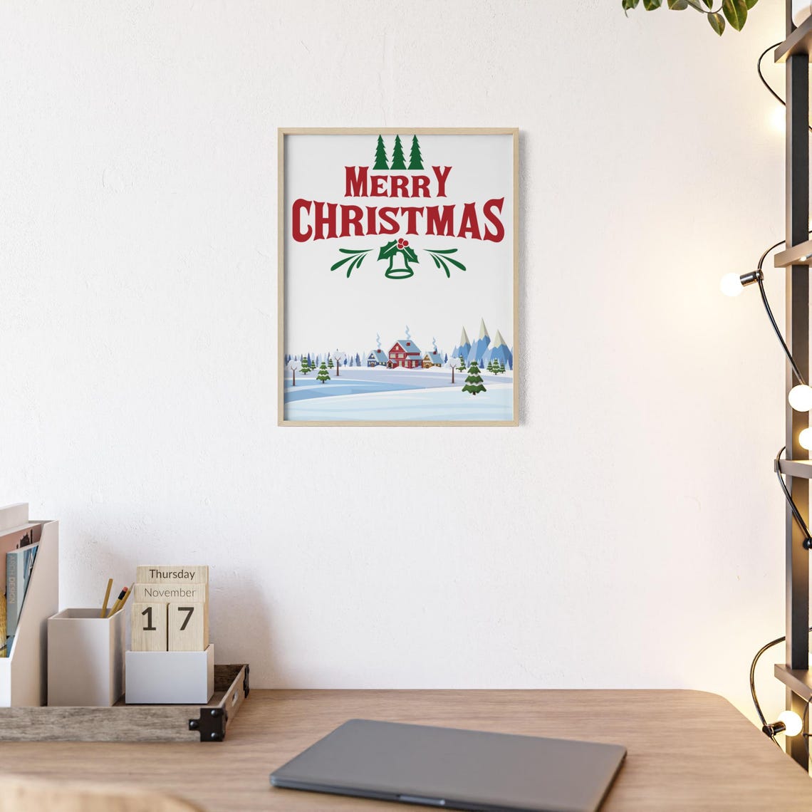 Merry Christmas Retro Village Snowy Pines Cozy Holiday Poster - Image 2