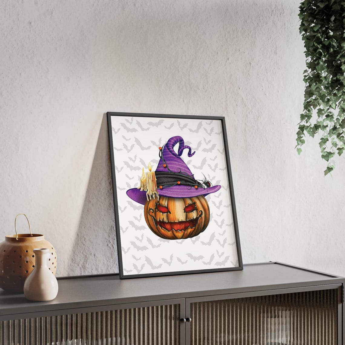 Jack O Lantern Pumpkin Purple Witch Hat Watercolor Halloween Poster - Image 2