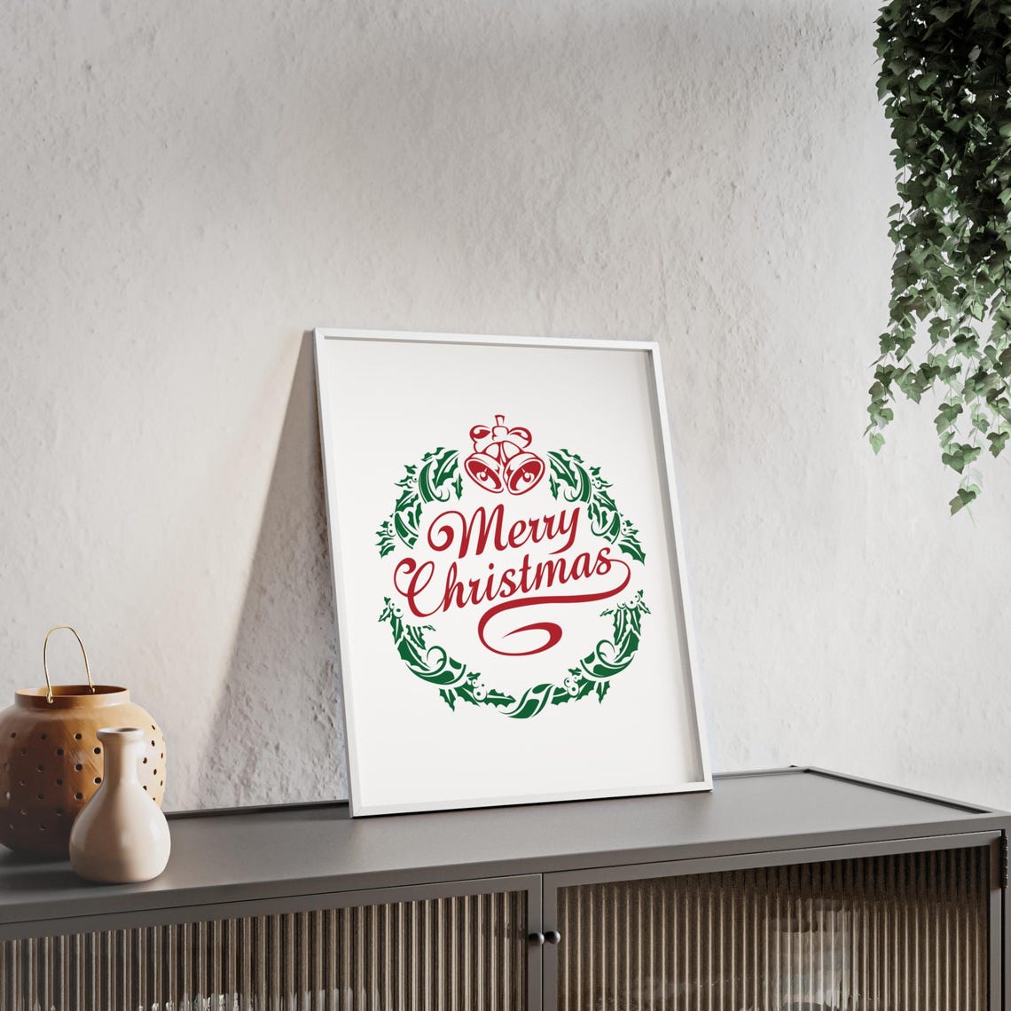 Merry Christmas Red Script Green Botanical Leafy Wreath Poster