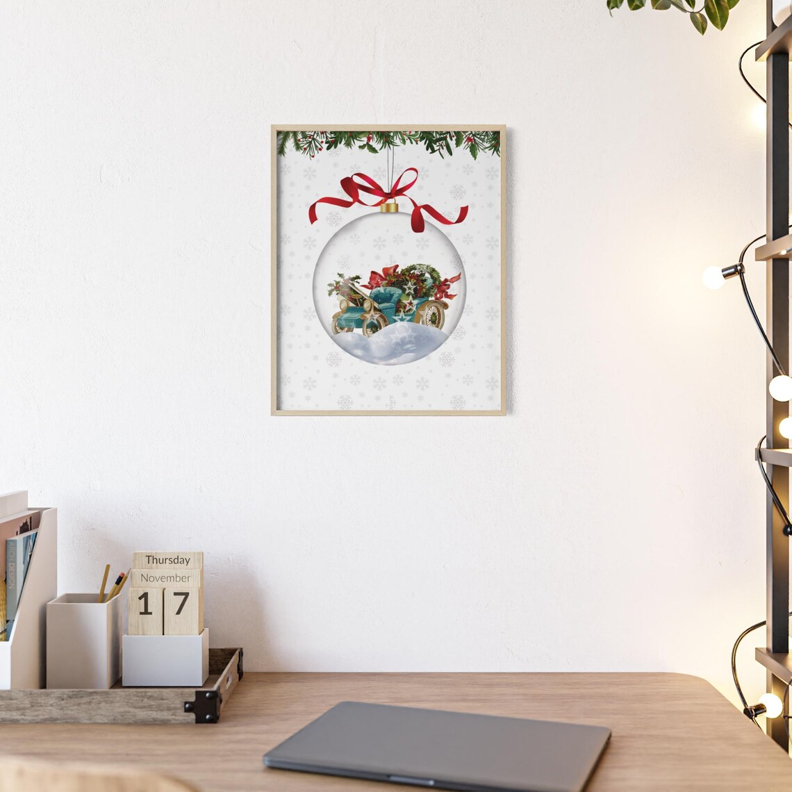 Christmas Bauble Ornament With Vintage Sleigh And Red Bow Poster Art - Image 2