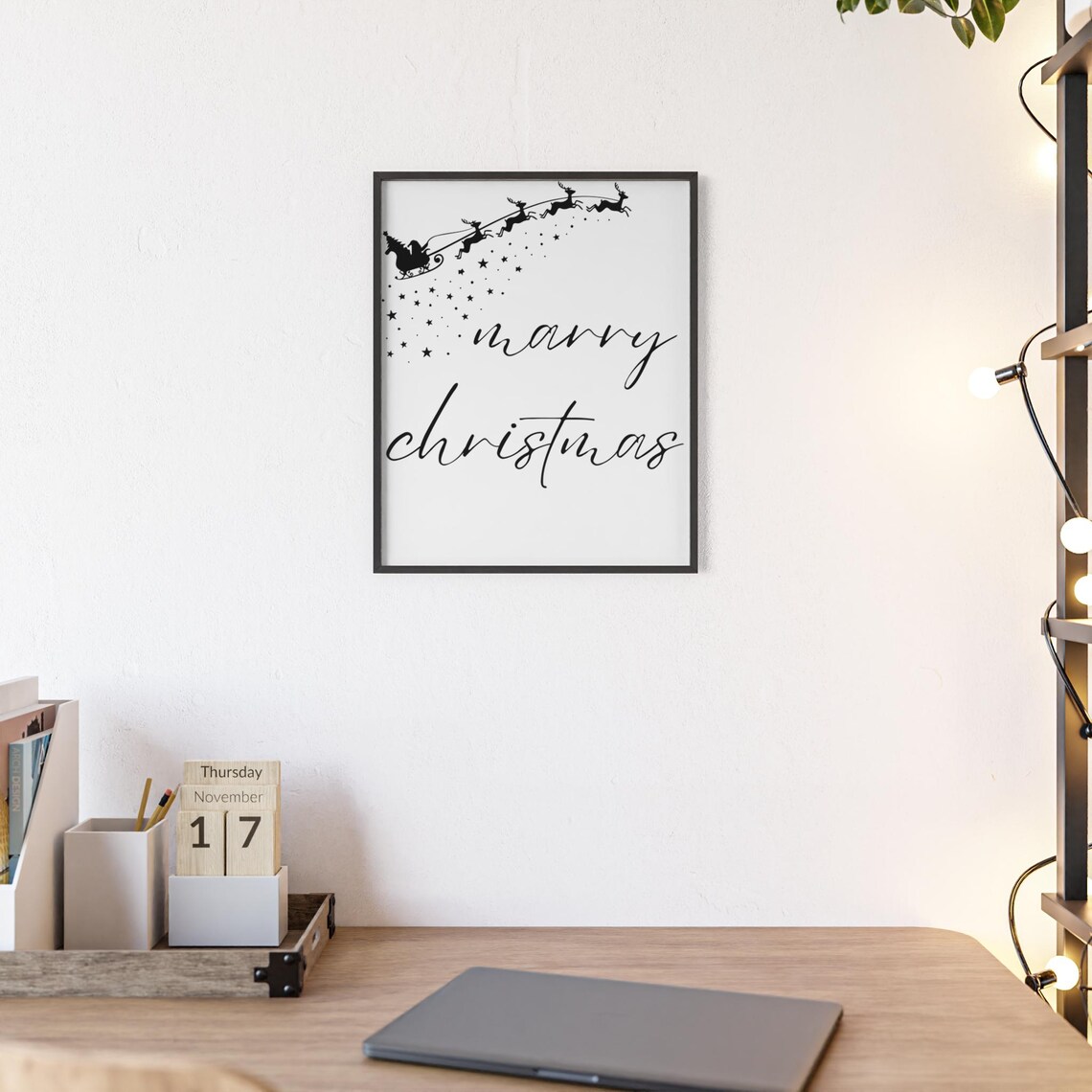Merry Christmas Santa Sleigh Silhouette Stars Minimalist Poster - Image 2
