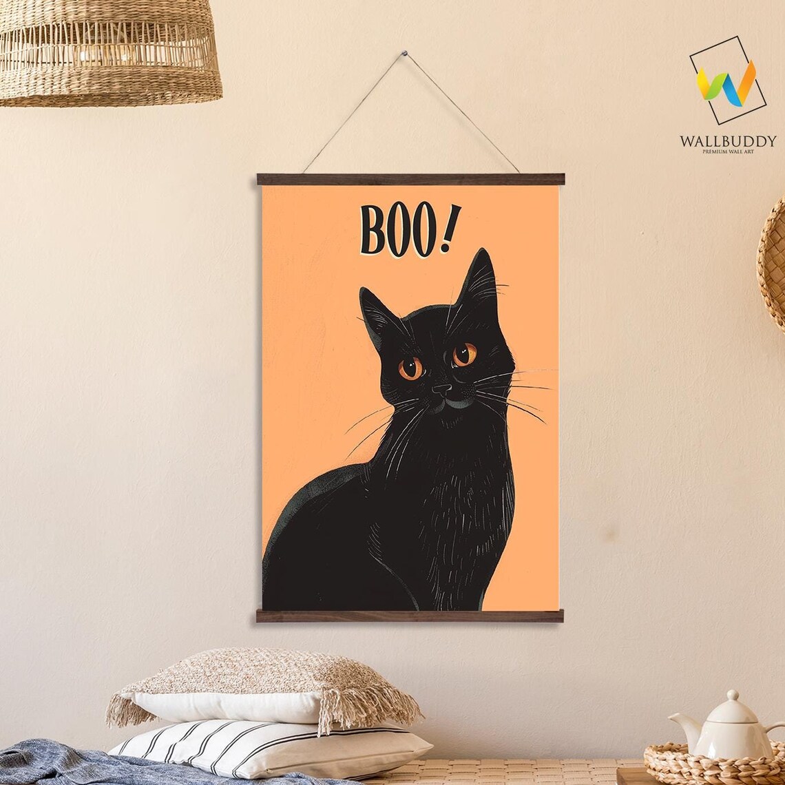 Halloween Black Cat Boo, Spooky Cat Art Print