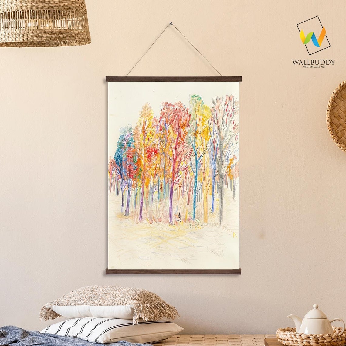 Abstract Forest Trees Wall Hanging Modern Drawing Forest Art Home Decor Printed On Premium With Real Walnut Wooden Hangers