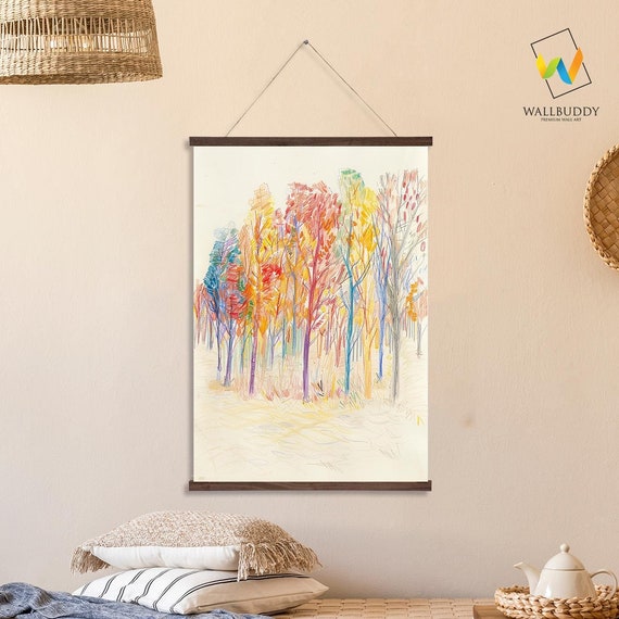Abstract Forest Trees Wall Hanging Modern Drawing Forest Art Home Decor Printed On Premium With Real Walnut Wooden Hangers