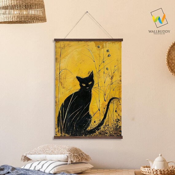 Black Cat Sitting In Golden Wheatfield Yellow Boho Art Wall Hanging Poster