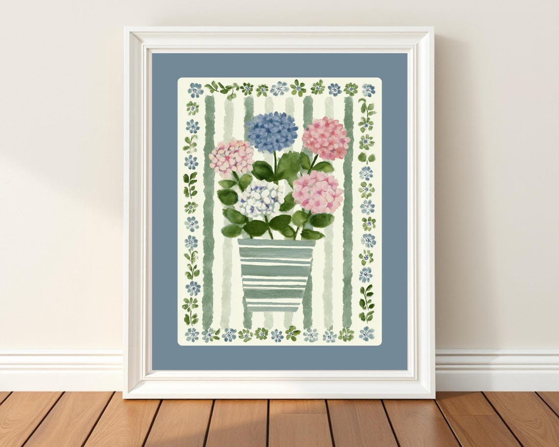 Pink and Blue Hydrangeas Striped Vase Watercolor Floral Wall Poster