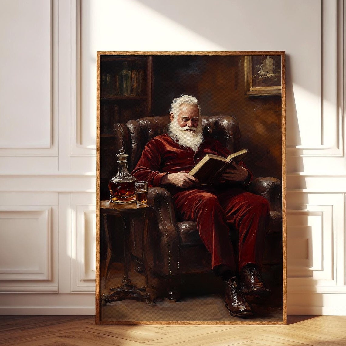 Santa Claus Reading a Book by Fireplace in Red Suit Christmas Poster