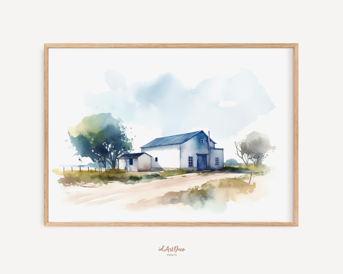Watercolor Blue Barn Farm Buildings Rural Countryside Scene Poster