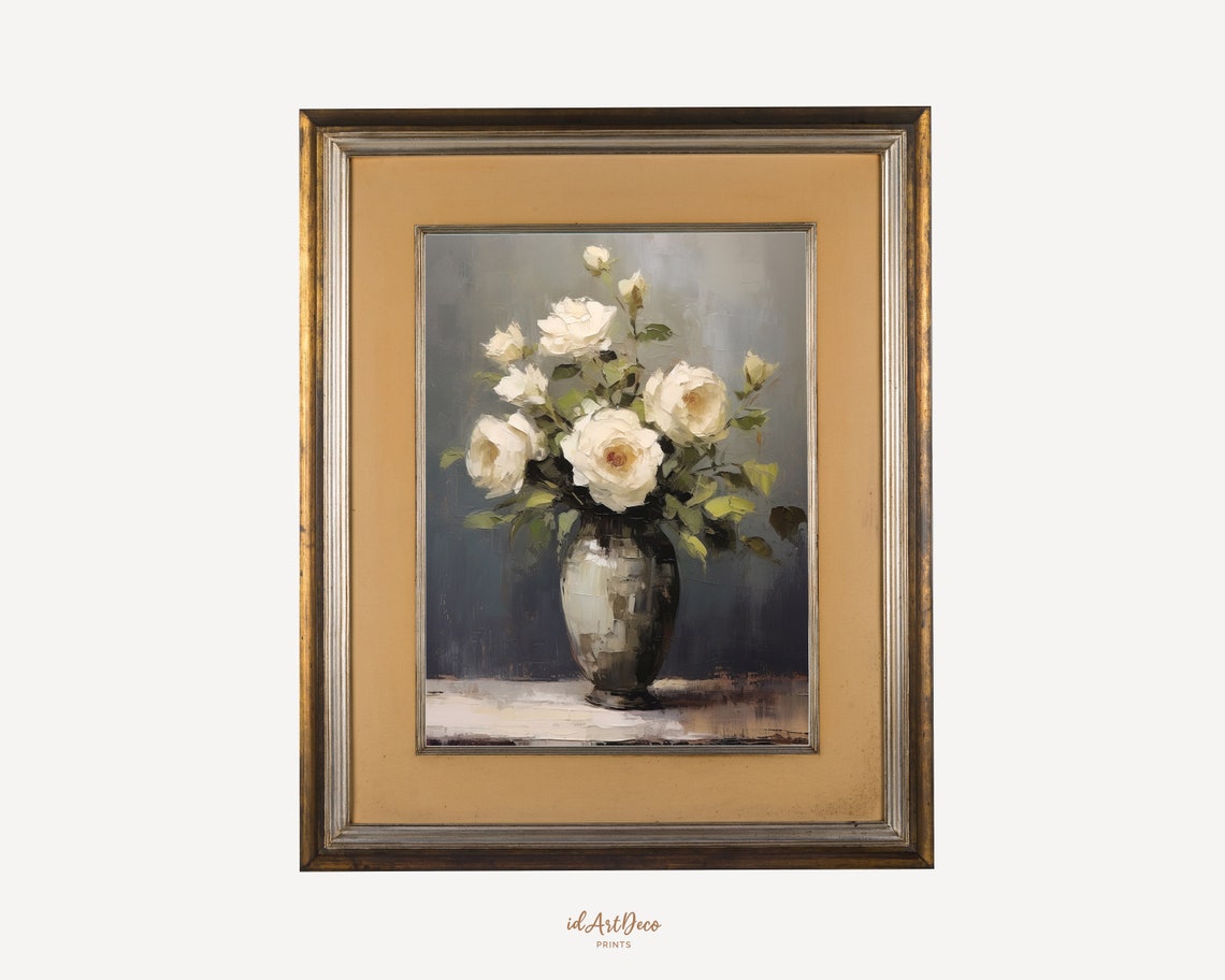 Impressionist White Roses Bouquet Vase Oil Painting Style Poster - Image 3