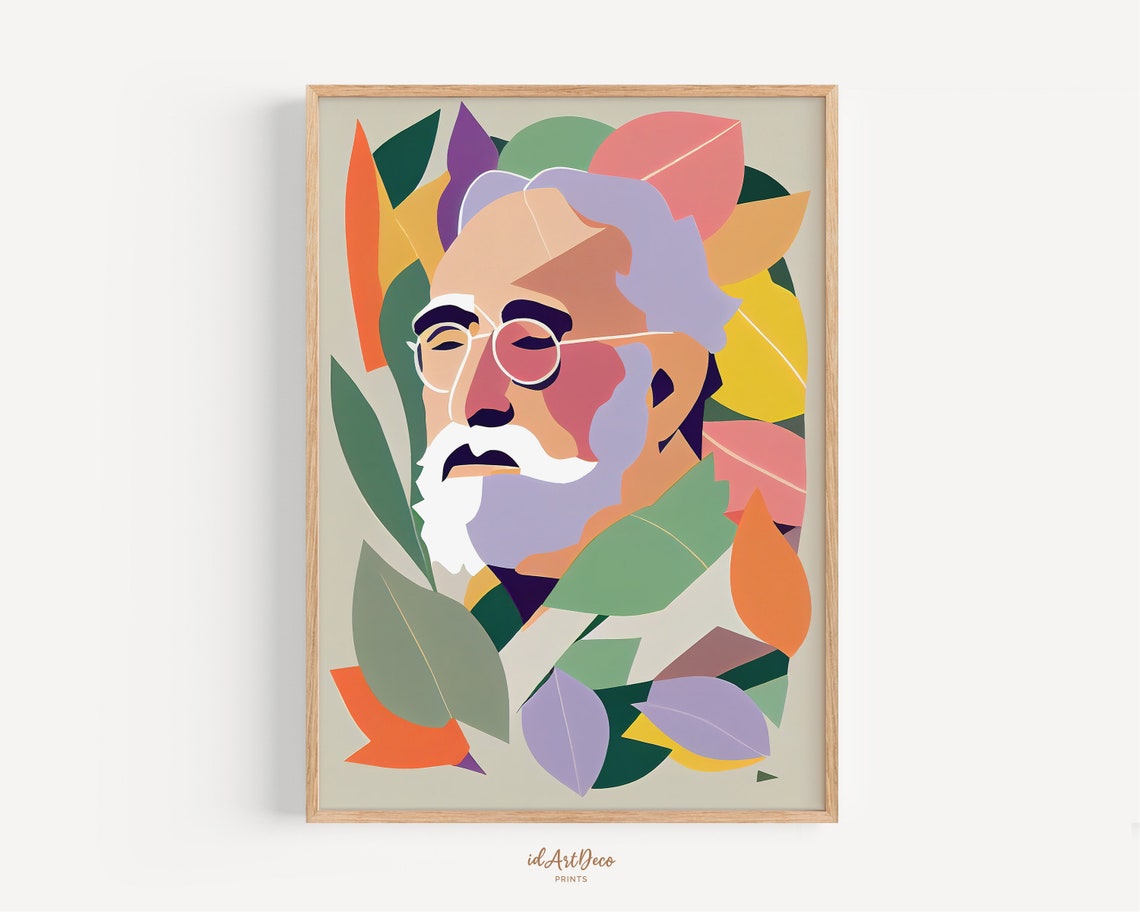 Modern Abstract Portrait Bearded Man Glasses Colorful Leafy Poster