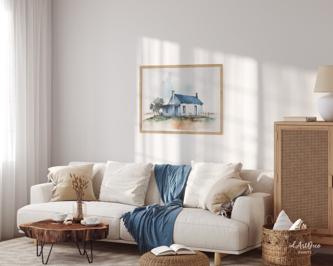 Watercolor Blue Roof Farmhouse Veranda Rustic Country House Poster - Image 3