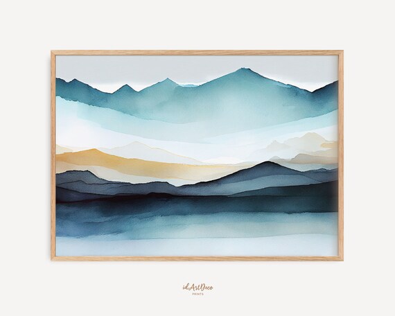 Minimalist Landscape Abstract Blue Landscape Print Watercolor Painting Blue Mountain Art Home Office Decor Art Nature Wall Art