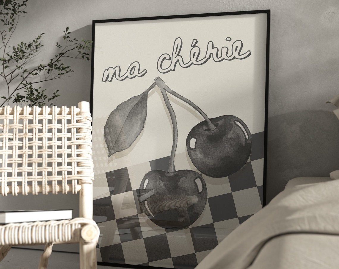 Ma Cherie Black Cherries Checkerboard Trendy French Kitchen Wall Art - Image 3