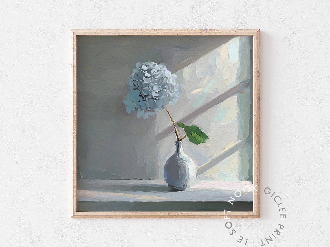 Blue Hydrangea Stem Window Light Minimalist Botanical Poster