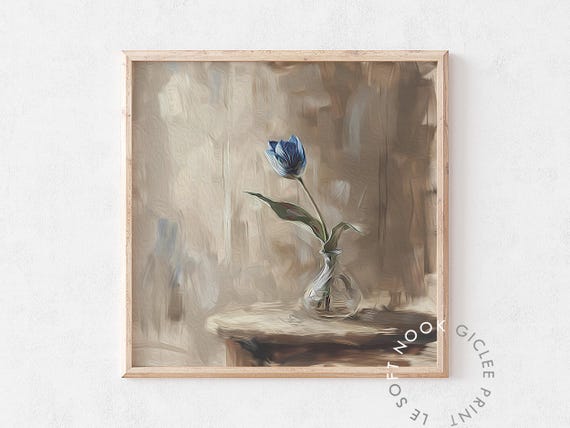 Rustic Navy Blue Tulip Wall Art Minimalist Abstract Flower Neutral Botanical Farm House Decor Retro Vintage Art Moody Cottagecore Print