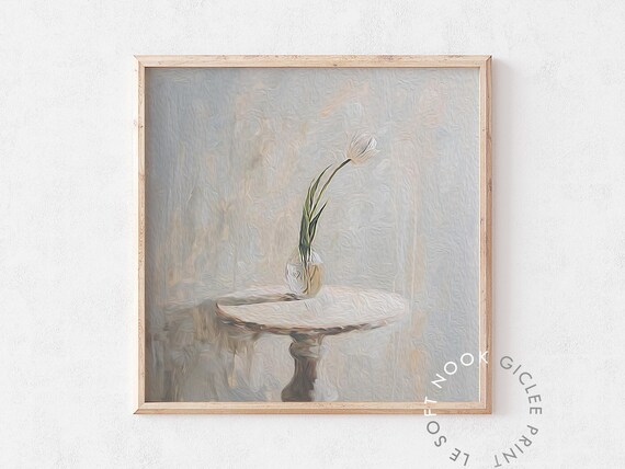 Neutral White Tulip Wall Art Minimalist Abstract Flower Prints Botanical Farmhouse Decor Claude Monet Retro Vintage Cottagecore Decor