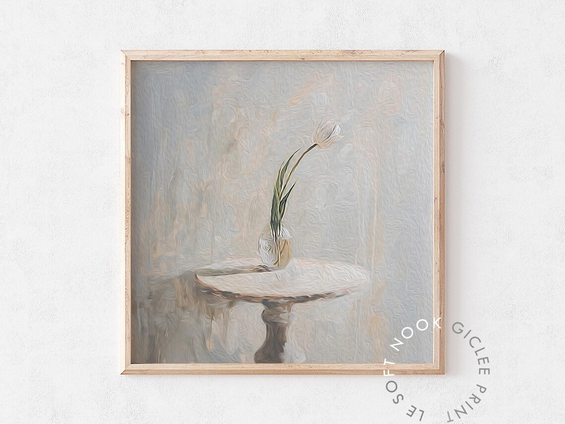 Single White Tulip Minimalist Abstract Neutral Floral Art Poster