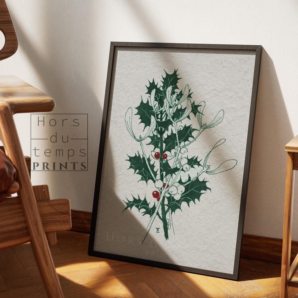 Holly Mistletoe Botanical Illustration Dark Green Red Berry Art Poster