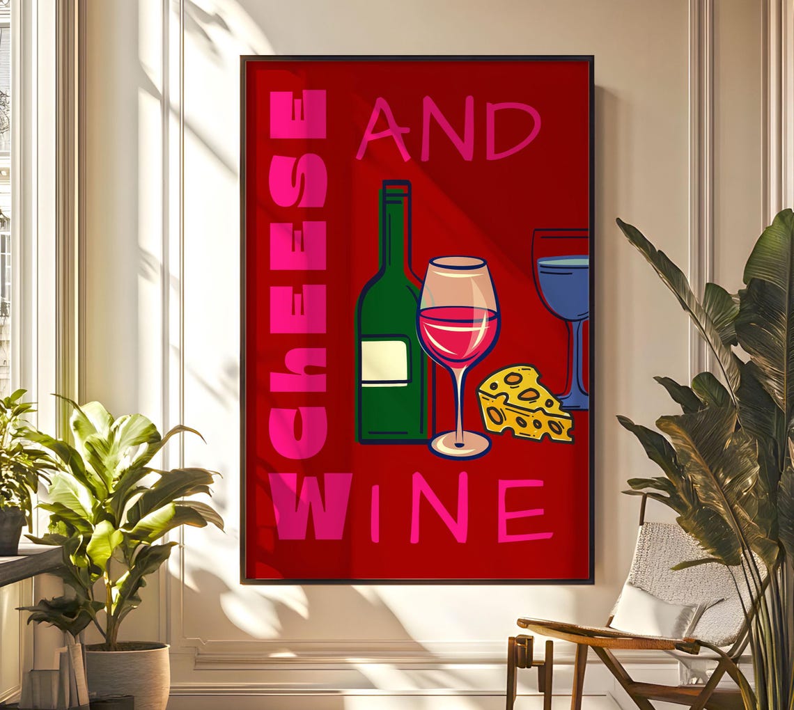 Cheese And Wine Bold Red Pop Art Kitchen Typography Wall Poster