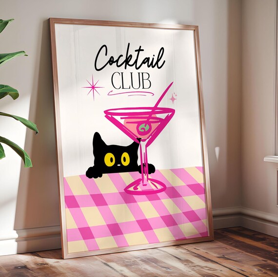 Cocktail Club Black Cat With Pink Martini Playful Bar Poster
