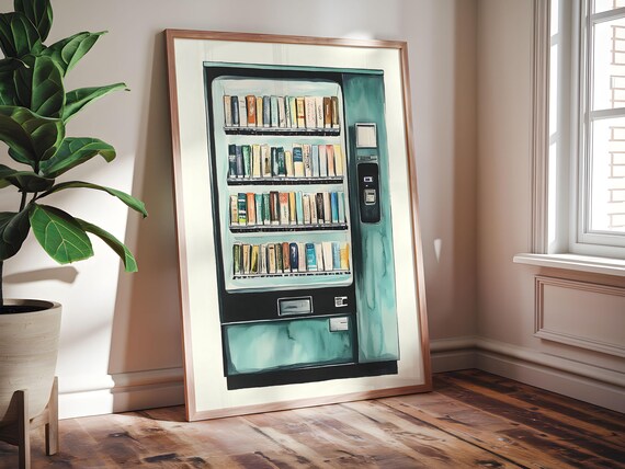 Book Vending Machine Watercolor Quirky Library Reading Art Print
