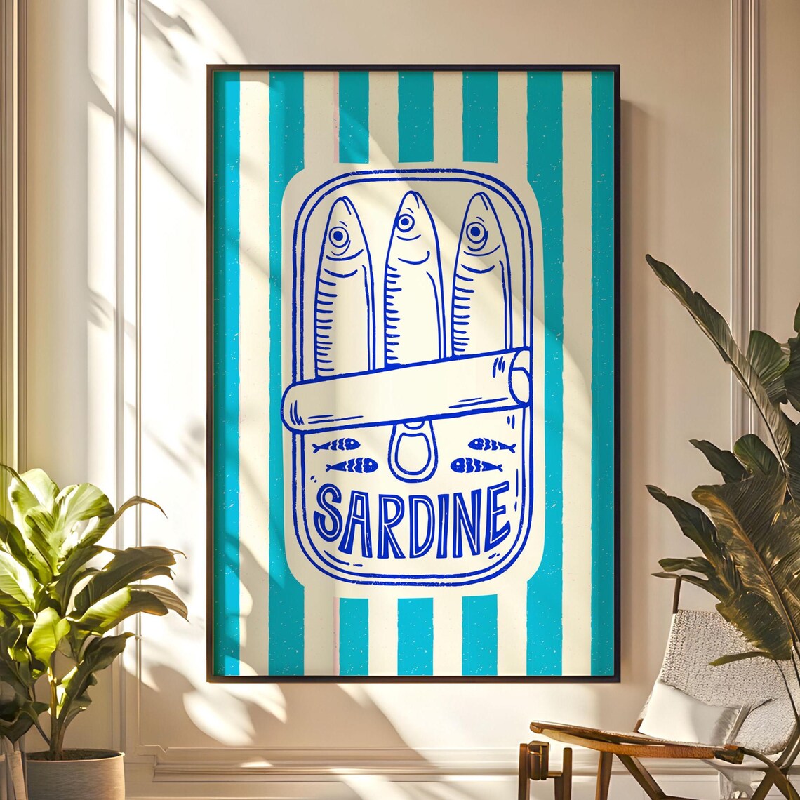 Vintage Sardine Can Illustration Blue Striped Kitchen Poster