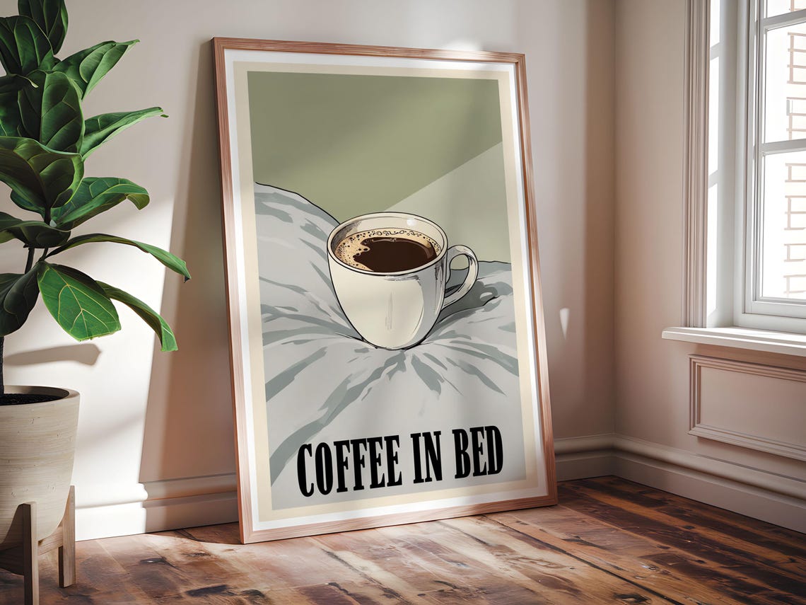 Coffee in Bed Retro Morning Ritual Print for Cozy Kitchen Walls