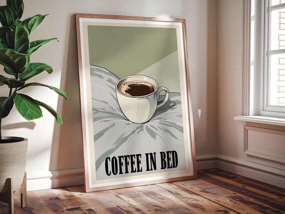 Coffee in Bed Retro Morning Ritual Print for Cozy Kitchen Walls
