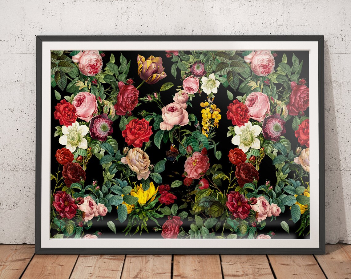Vintage Mixed Rose and Tulip Bouquet on Black Floral Art Poster