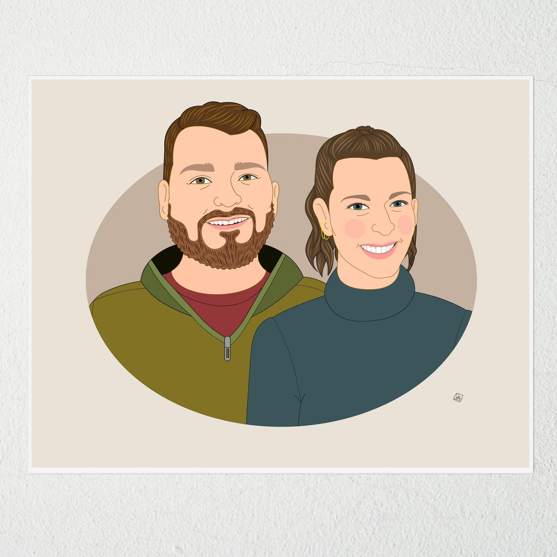Bearded Couple Smiling Custom Illustrated Couple Portrait Poster