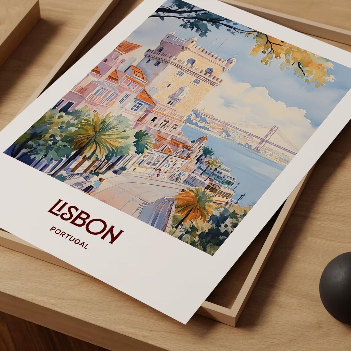 Lisbon Portugal Belem Tower Bridge Tram Watercolor Travel Poster - Image 2