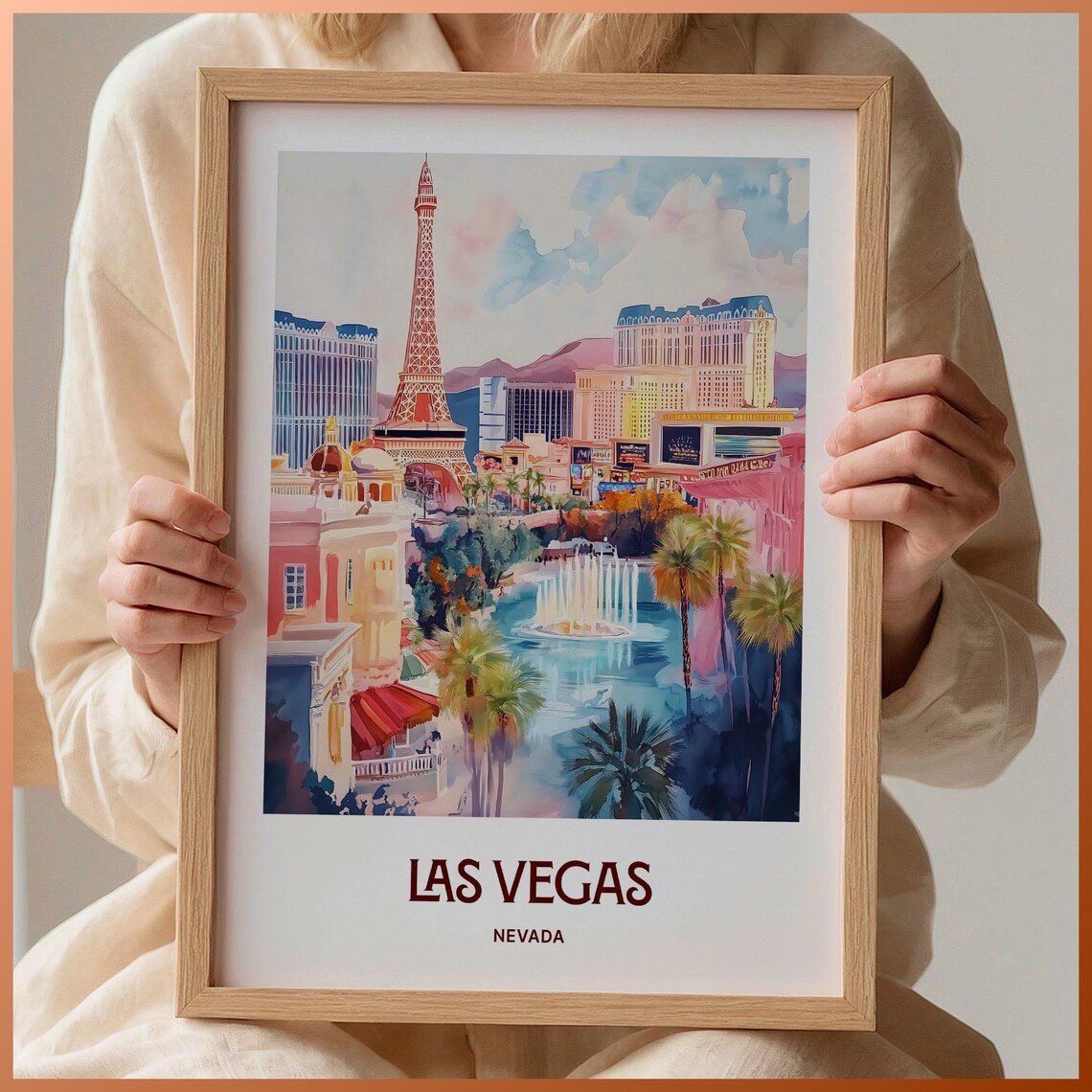 Las Vegas Nevada Strip Skyline Watercolor Poster Fountain Show