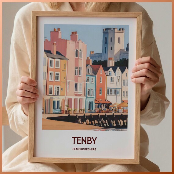 Tenby Pembrokeshire Wales Harbor Town Pastel Travel Art Poster