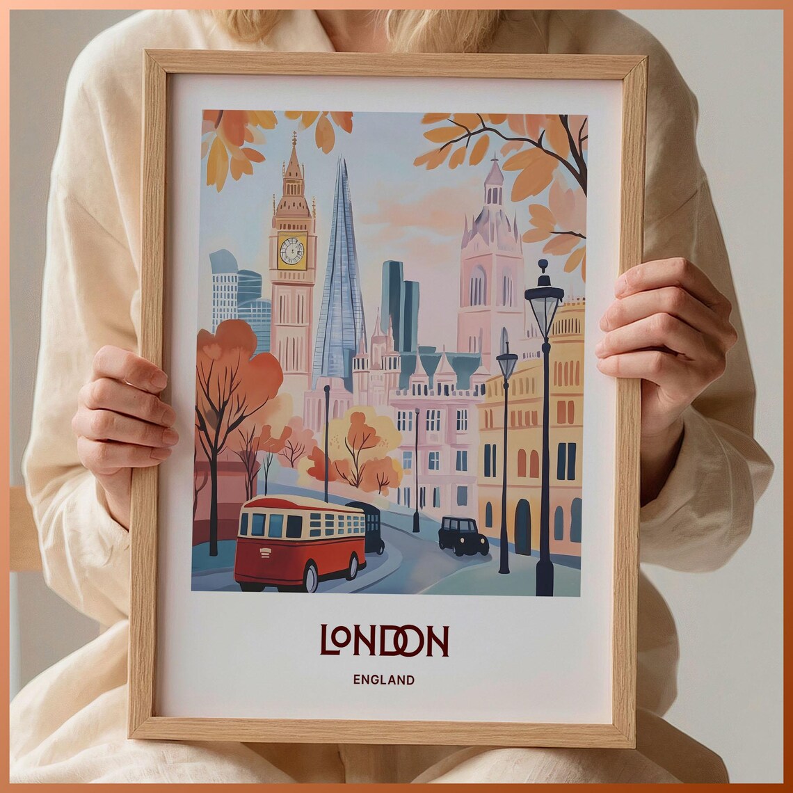 London England Autumn Street Big Ben Bus Skyline Travel Art Poster