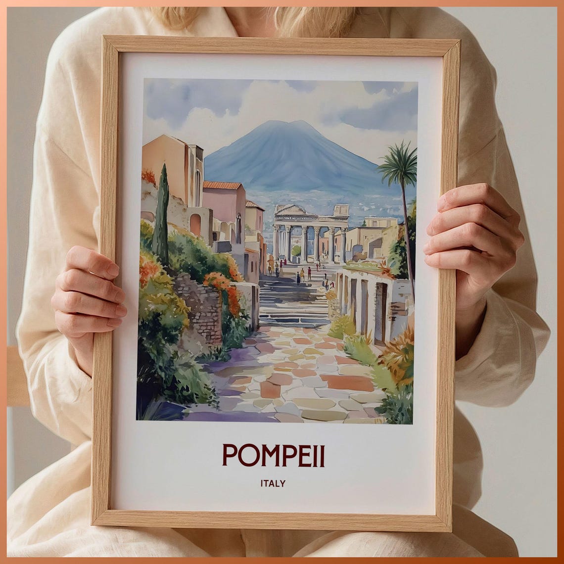 Pompeii Italy Vesuvius Ancient Ruins Watercolor Travel Poster