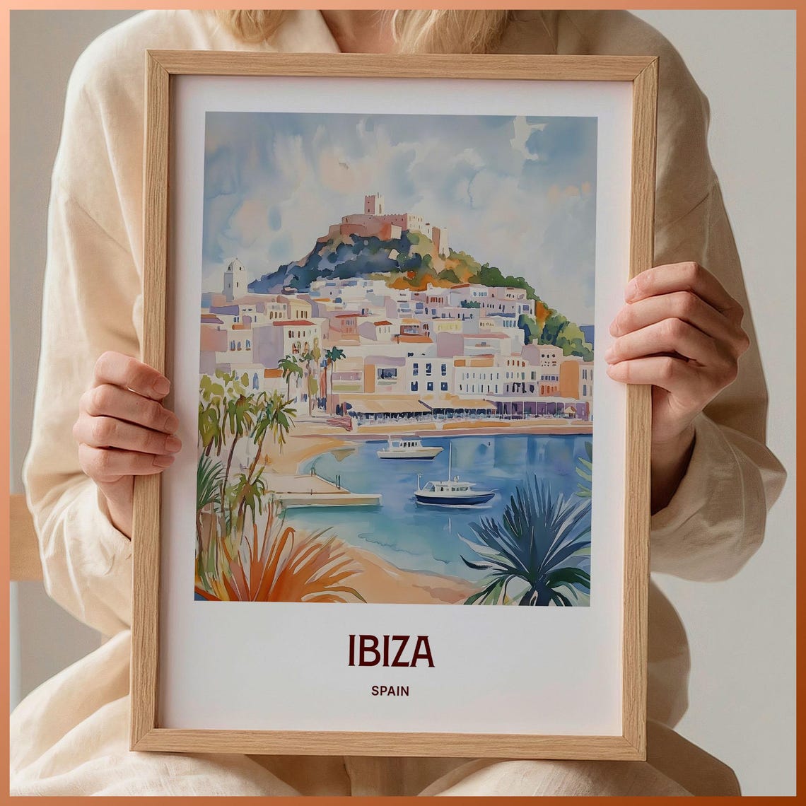 Ibiza Spain Whitewashed Old Town Harbor View Watercolor Poster