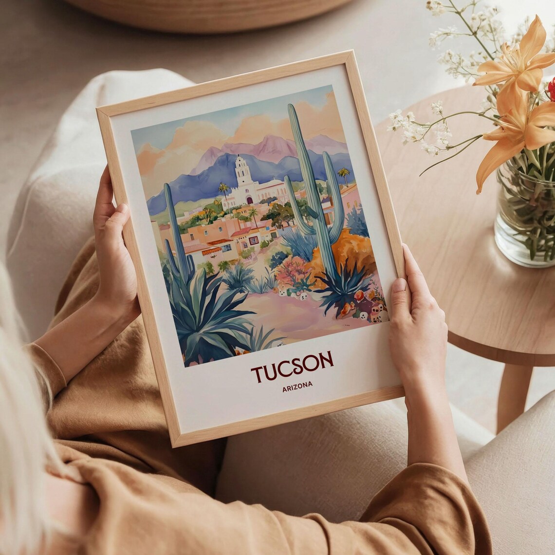 Tucson Desert Saguaro Mission Watercolor Arizona Travel Poster - Image 5