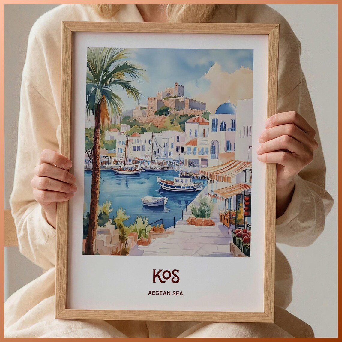 Kos Greece Aegean Sea Harbor Watercolor Travel Poster Sailboats