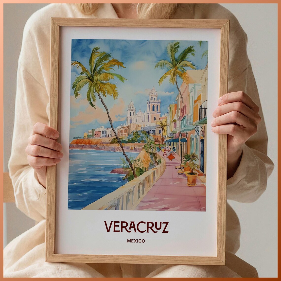 Veracruz Mexico Gulf Coast Watercolor Cathedral Harbor Poster