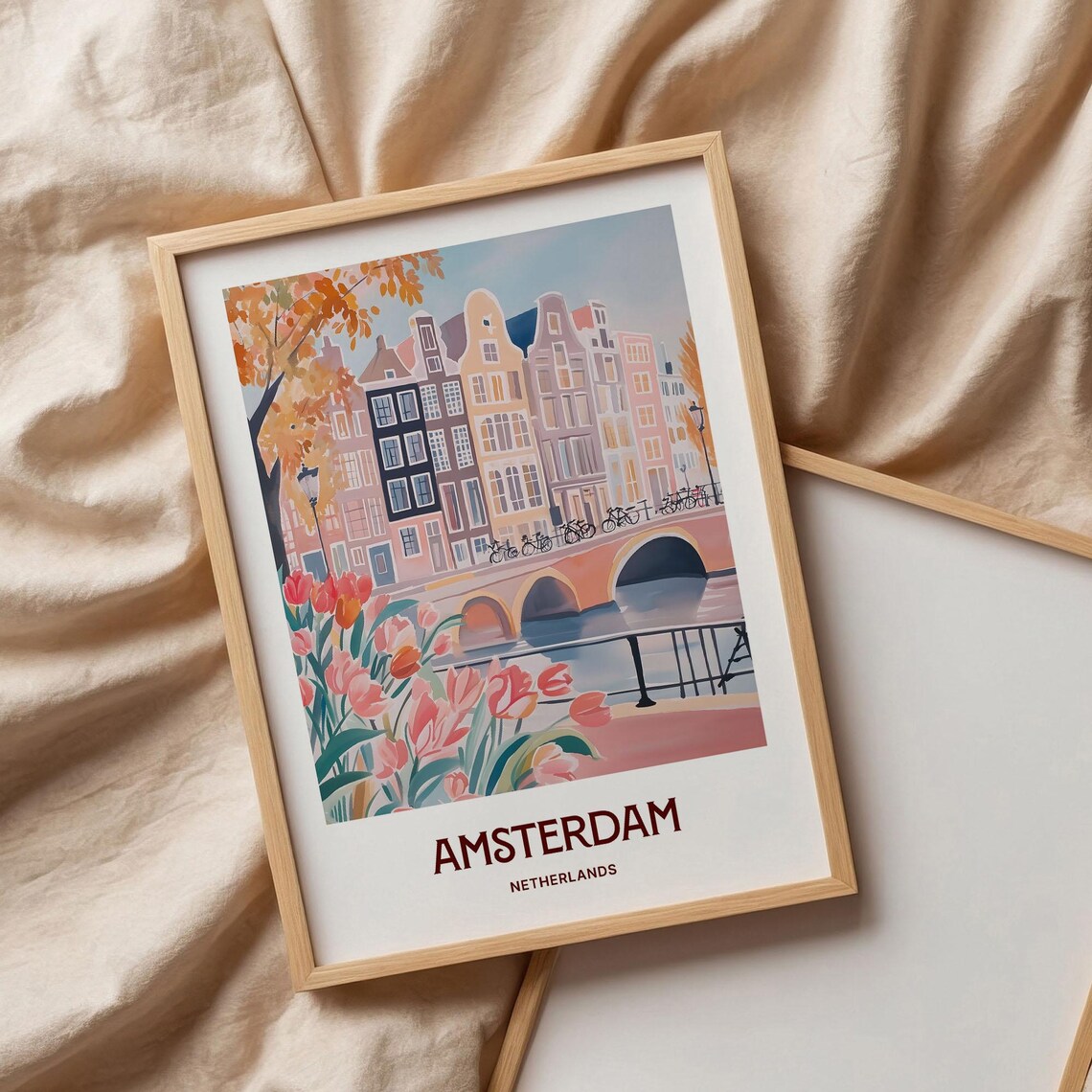 Amsterdam Netherlands Canal Tulips Bicycle Gabled Houses Travel Poster - Image 3