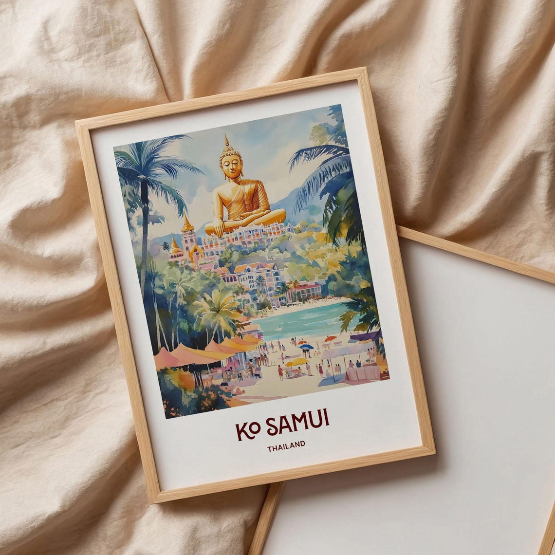 Ko Samui Thailand Golden Buddha Beach Watercolor Travel Poster - Image 3