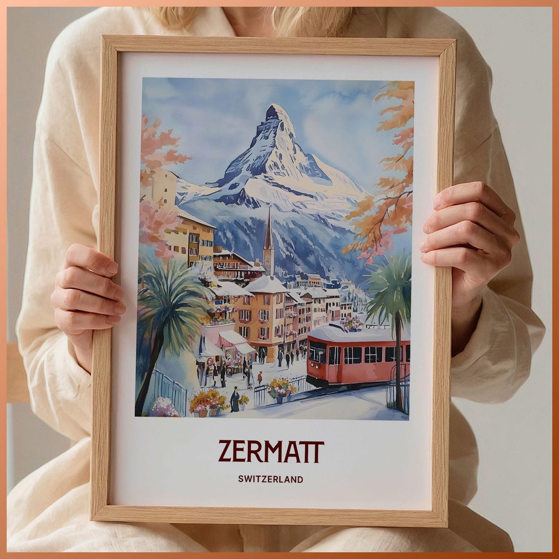 Zermatt Switzerland Matterhorn Alpine Village Watercolor Travel Poster