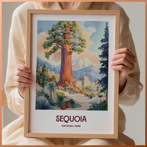 Sequoia National Park California Giant Tree Watercolor Travel Poster