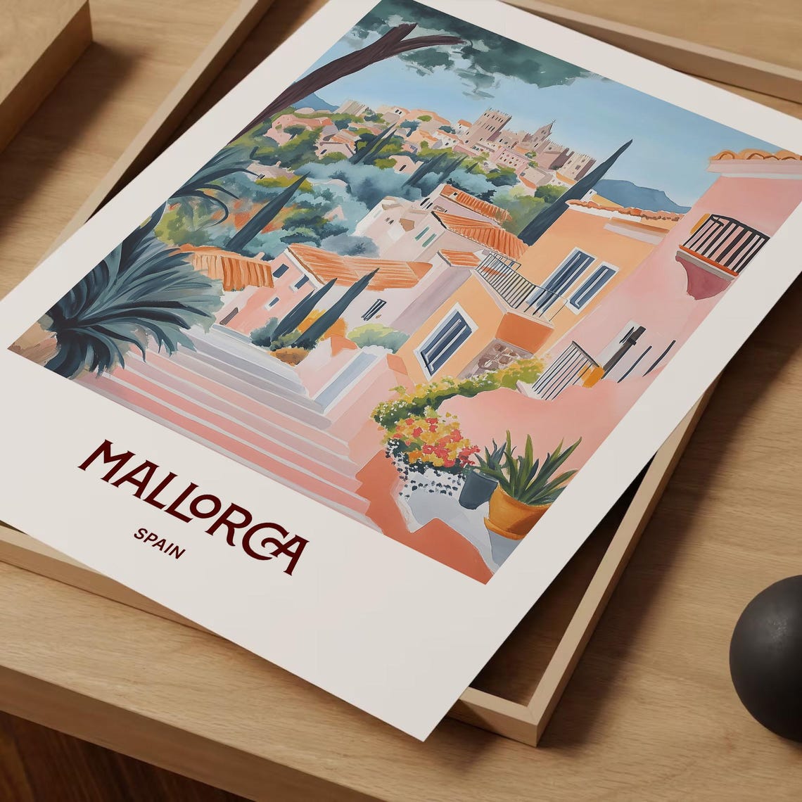 Mallorca Spain Hilltop Cathedral Old Town Watercolor Travel Poster - Image 2