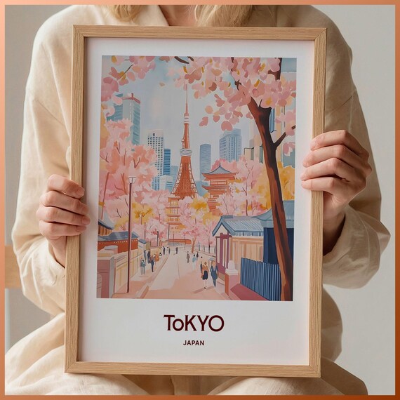 Tokyo Japan Cherry Blossom Street Tower Temple Travel Art Poster