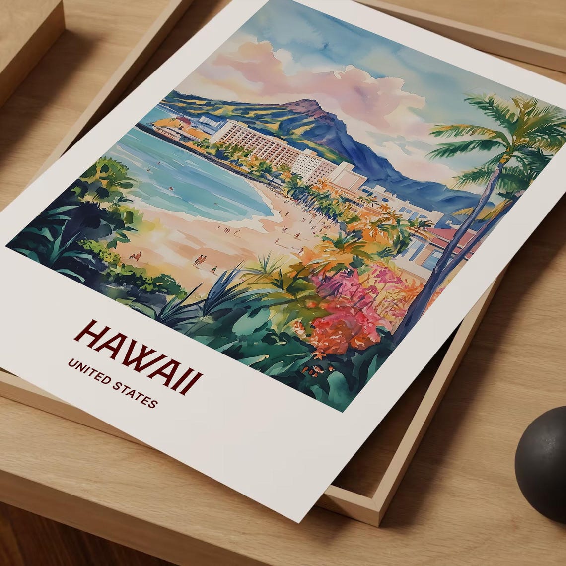 Hawaii Waikiki Beach Diamond Head Volcano Watercolor Travel Poster - Image 2