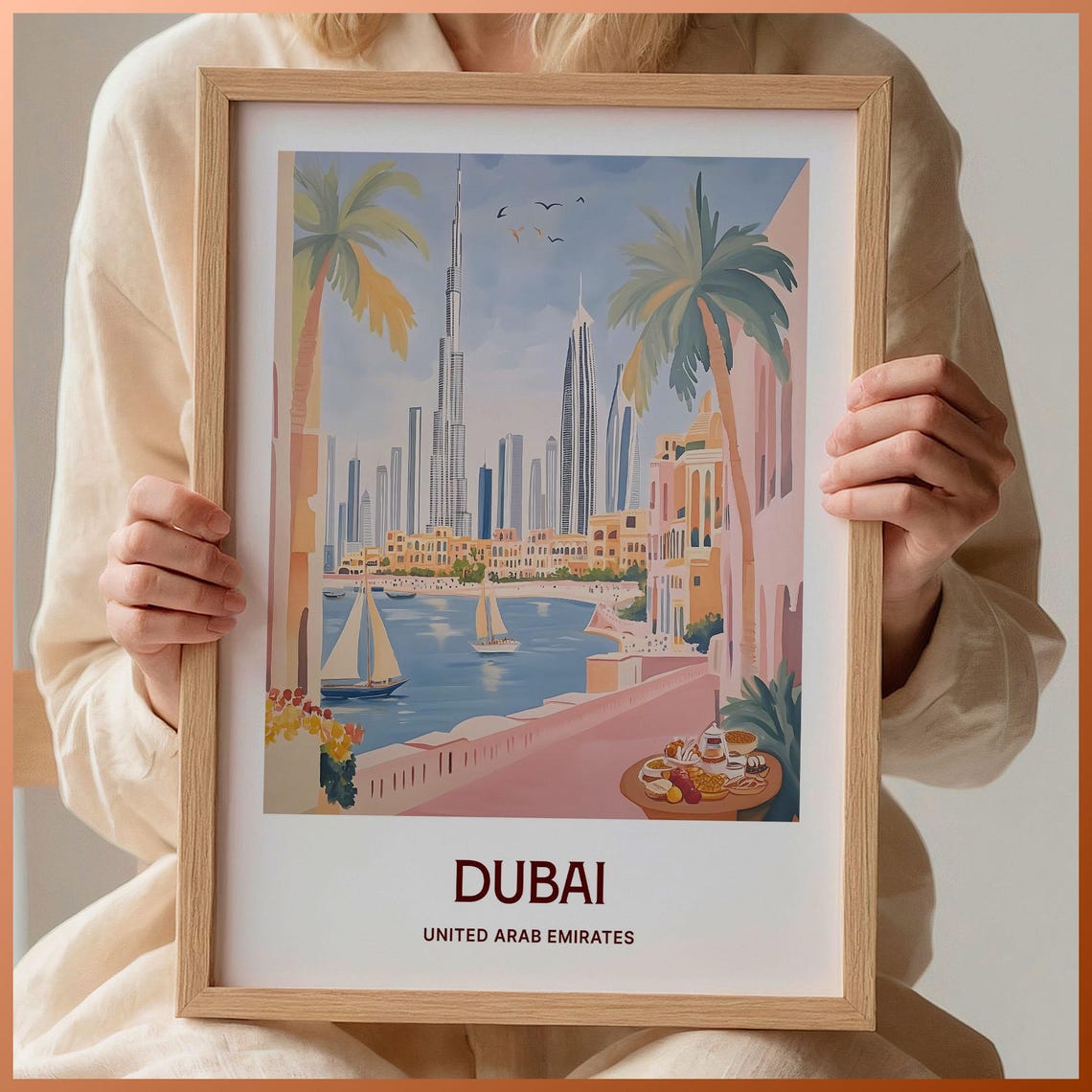 Dubai United Arab Emirates Marina Skyline Sailboats Art Poster